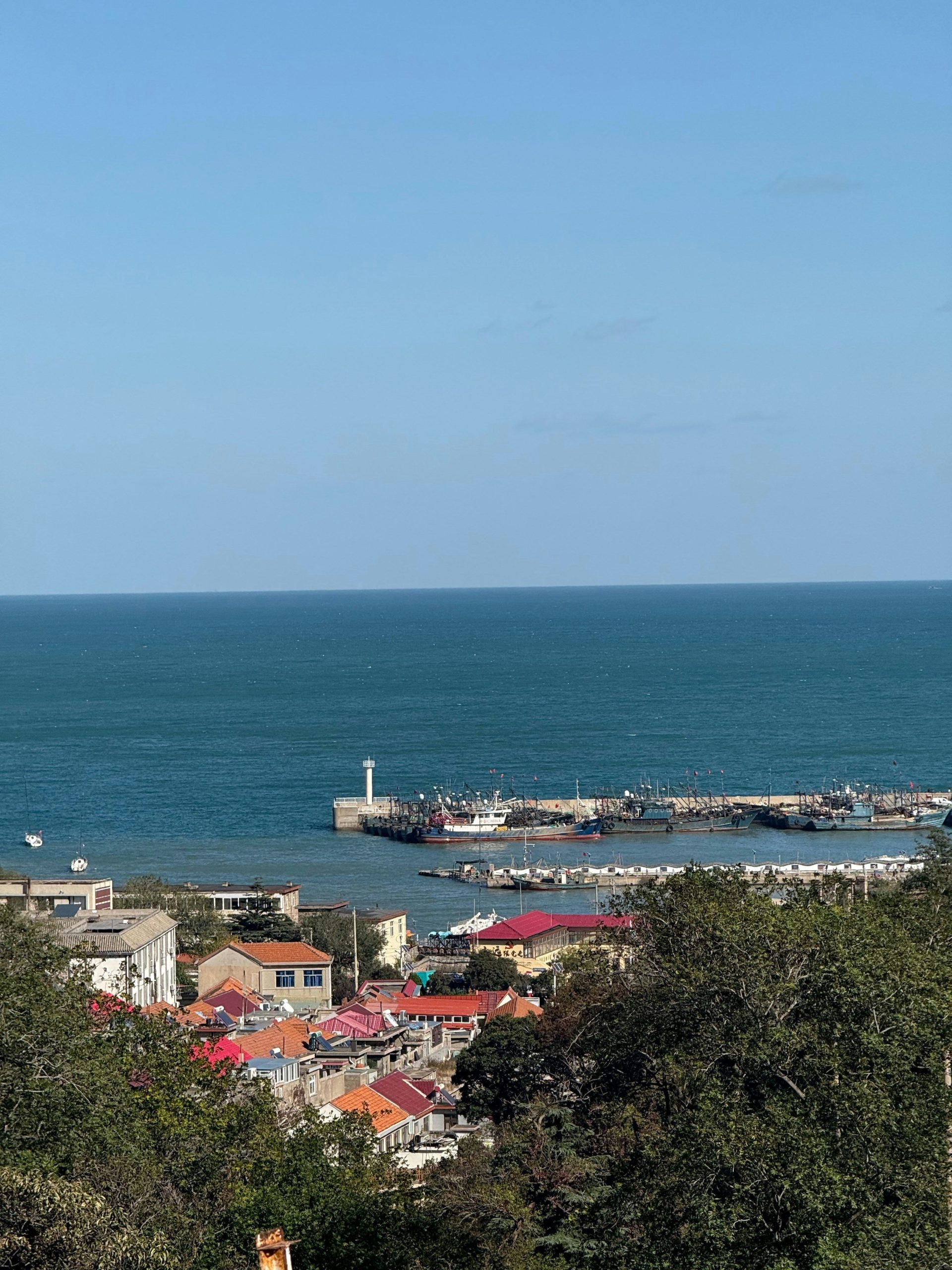 Coastal town with harbor and lighthouse under blue sky.